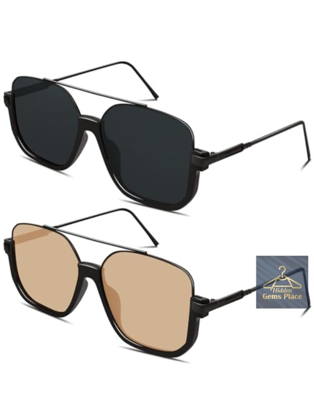 Retro Square Aviator Sunglasses UV400 Protection Double Bridge Shades 2 Pack